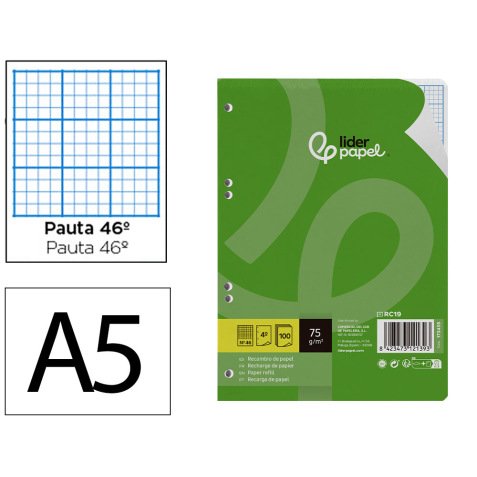 Recambio liderpapel din a5 100 hojas 75g/m2 rayado nº 46 6 taladros