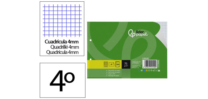 Recambio liderpapel din a5 apaisado 100 hojas 75 gr cuadro 4 mm 2 taladros con margen