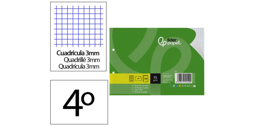 Recambio liderpapel din a5 apaisado 100 hojas 75 gr cuadro 3 mm 2 taladros con margen