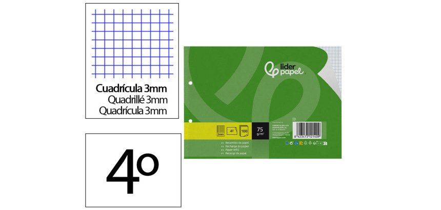 Recambio liderpapel din a5 apaisado 100 hojas 75 gr cuadro 3 mm 2 taladros con margen