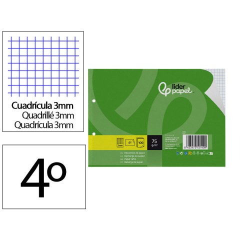 Recambio liderpapel din a5 apaisado 100 hojas 75 gr cuadro 3 mm 2 taladros con margen