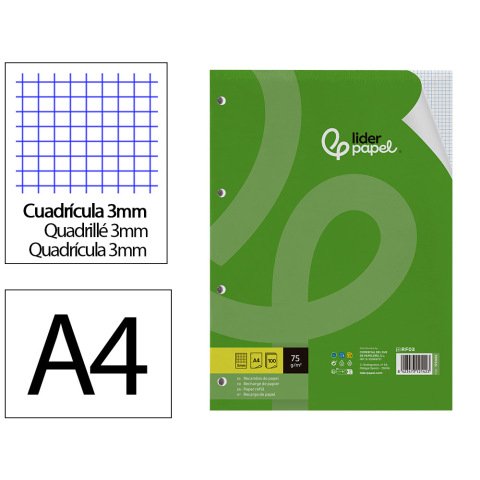 Recambio liderpapel a4 100 hojas 75 gr cuadro 3 mm con margen 4 taladros