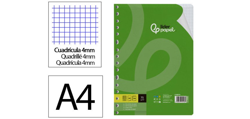 Recambio liderpapel a4 100 hojas 75gr cuadro 4mm con margen 16 taladros