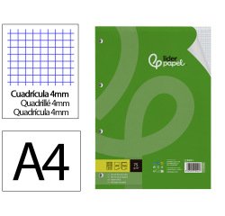 Recambio liderpapel a4 100 hojas 75gr cuadro 4mm con margen 4 taladros