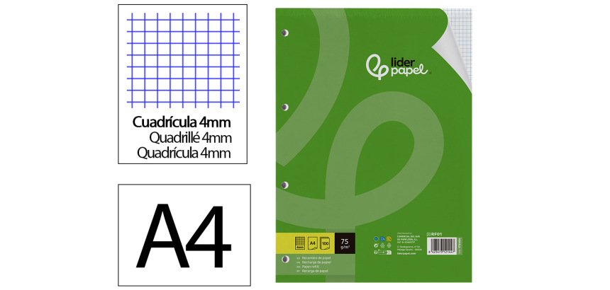 Recambio liderpapel a4 100 hojas 75gr cuadro 4mm con margen 4 taladros