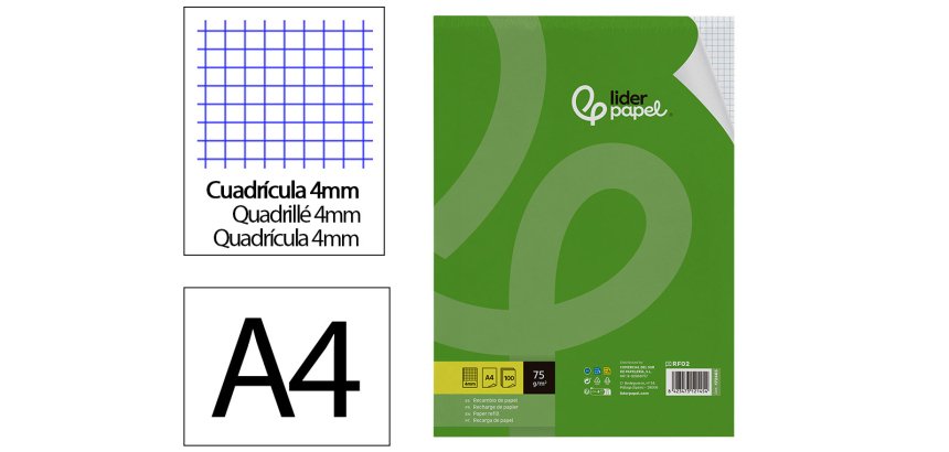 Recambio liderpapel a4 100 hojas 75gr cuadro 4mm con margen sin taladros