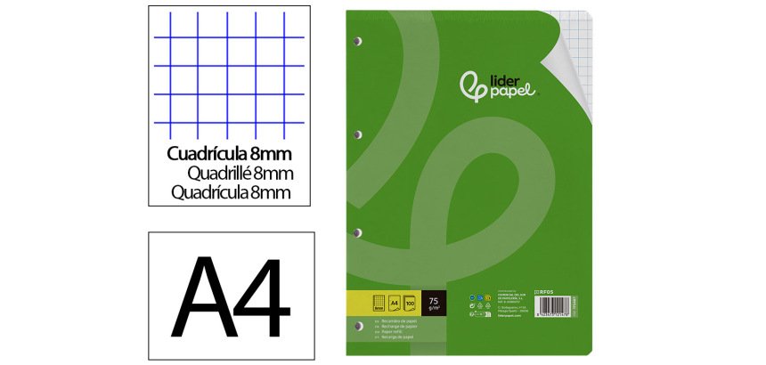 Recambio liderpapel a4 100 hojas 75gr cuadro 8mm con margen 4 taladros