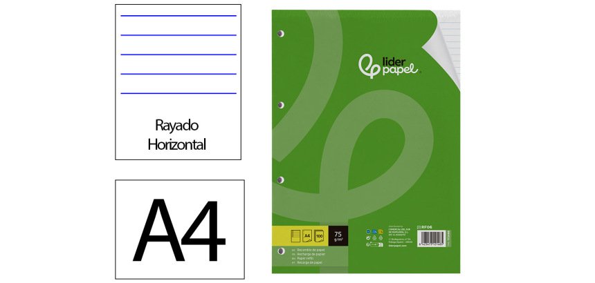Recambio liderpapel a4 100 hojas 75gr horizontal con margen 4 taladros