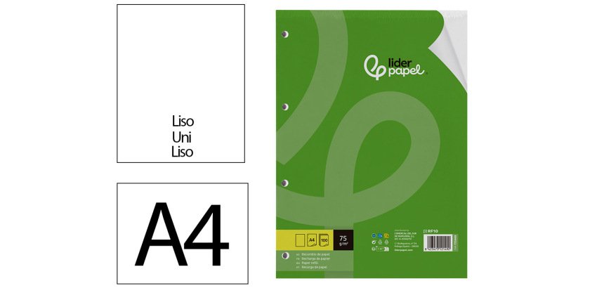 Recambio liderpapel a4 100 hojas 75gr liso sin margen 4 taladros