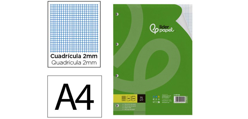 Recambio liderpapel a4 100 hojas 75gr milimetrado 2 mm sin margen 4 taladros