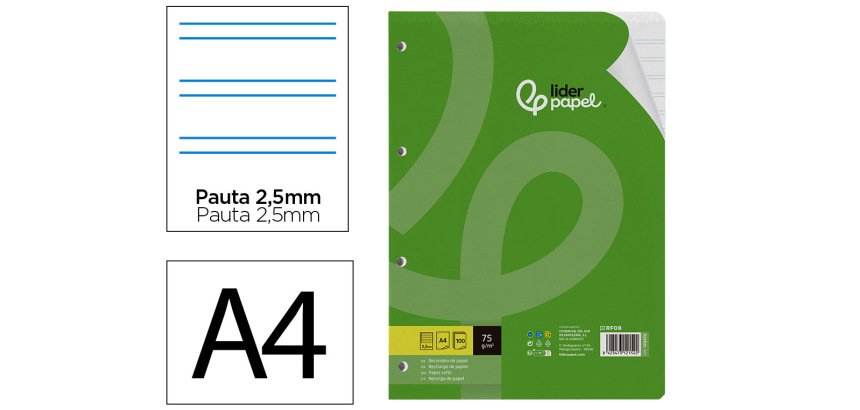 Recambio liderpapel a4 100 hojas 75gr pauta 5 2.5mm con margen 4 taladros
