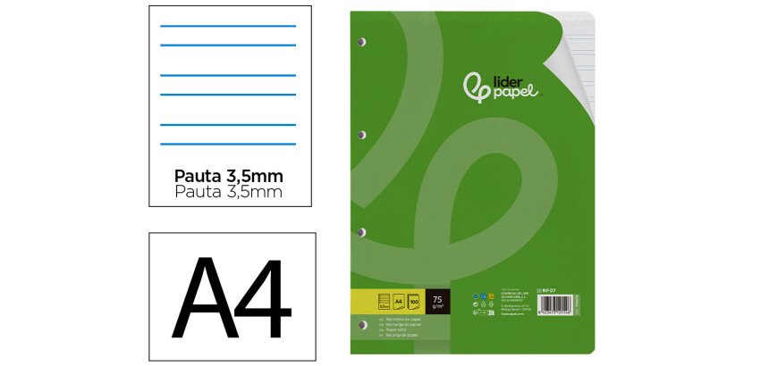 Recambio liderpapel a4 100 hojas 75 gr pauta 4º 3.5mm con margen 4 taladros