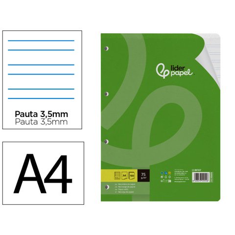 Recambio liderpapel a4 100 hojas 75 gr pauta 4º 3.5mm con margen 4 taladros