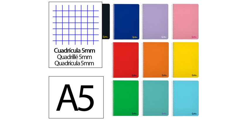Cuaderno espiral liderpapel a5 micro smart tapa blanda 80h 75gr cuadro 5mm doble margen 6 taladros colores