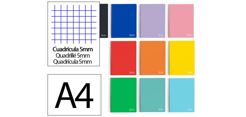 Cuaderno espiral liderpapel a4 micro witty tapa dura 120h 90gr cuadro 5mm 5 bandas 4 taladros colores surtidos