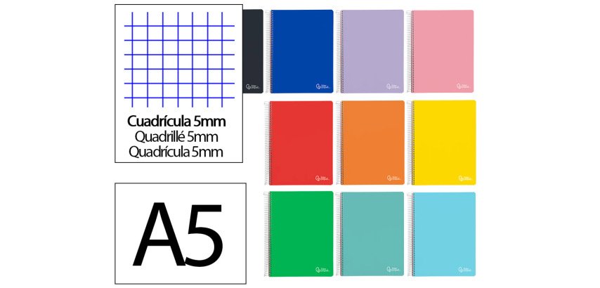 Cuaderno espiral liderpapel a5 micro witty tapa dura 120h 90gr cuadro 5mm 5 bandas 6 taladros colores surtidos