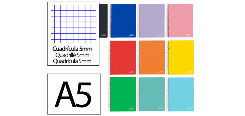 Cuaderno espiral liderpapel a5 micro witty tapa dura 120h 90gr cuadro 5mm 5 bandas 6 taladros colores surtidos