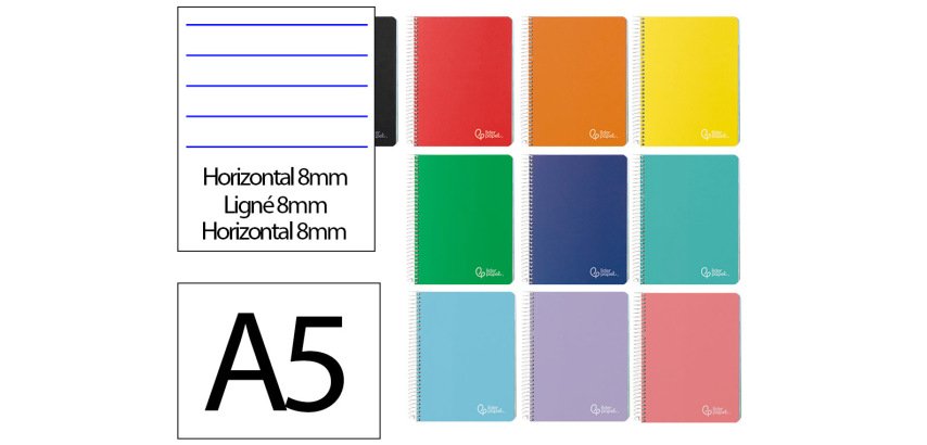 Cuaderno espiral liderpapel a5 micro witty tapa dura 120h 90gr horizontal 8mm 5 bandas 6 taladros colores surtidos