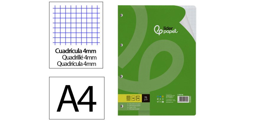 Recambio liderpapel a4 80 hojas 75gr cuadro 4 mm con margen 4 taladros