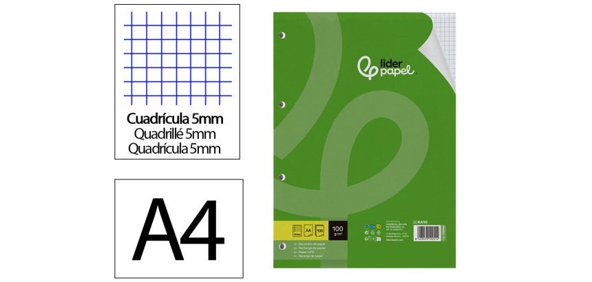Recambio liderpapel a4 100 hojas 100gr cuadro 5mm con margen 4 taladros