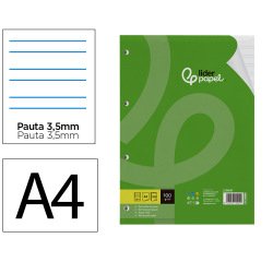 Recambio liderpapel a4 100 hojas 100gr pauta 3,5mm con margen 4 taladros