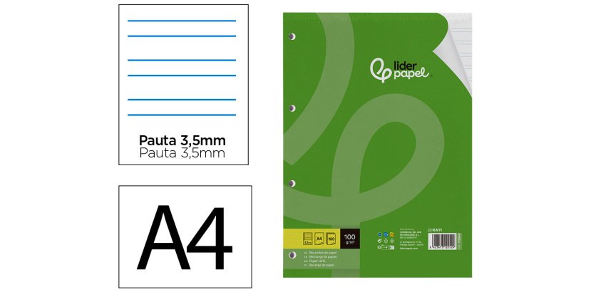Recambio liderpapel a4 100 hojas 100gr pauta 3,5mm con margen 4 taladros