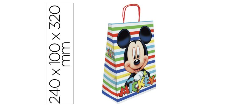 Bolsa para regalo basika papel celulosa 90 g mickey con asa retorcida tamaño s 240x100x320mm