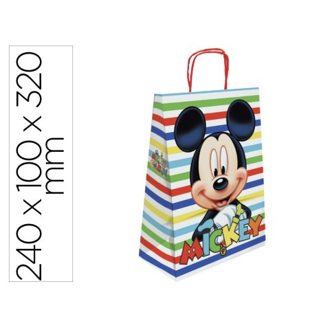 Bolsa para regalo basika papel celulosa 90 g mickey con asa retorcida tamaño s 240x100x320mm