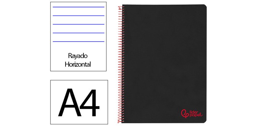 Cuaderno espiral liderpapel a4 wonder tapa plastico 80h 90gr rayado horizontal con margen color negro