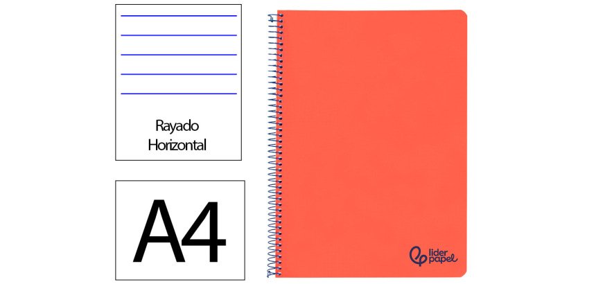 Cuaderno espiral liderpapel a4 wonder tapa plastico 80h 90gr rayado horizontal con margen color rojo