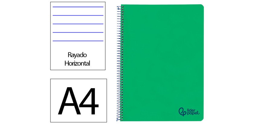 Cuaderno espiral liderpapel a4 wonder tapa plastico 80h 90gr rayado horizontal con margen color verde oscuro