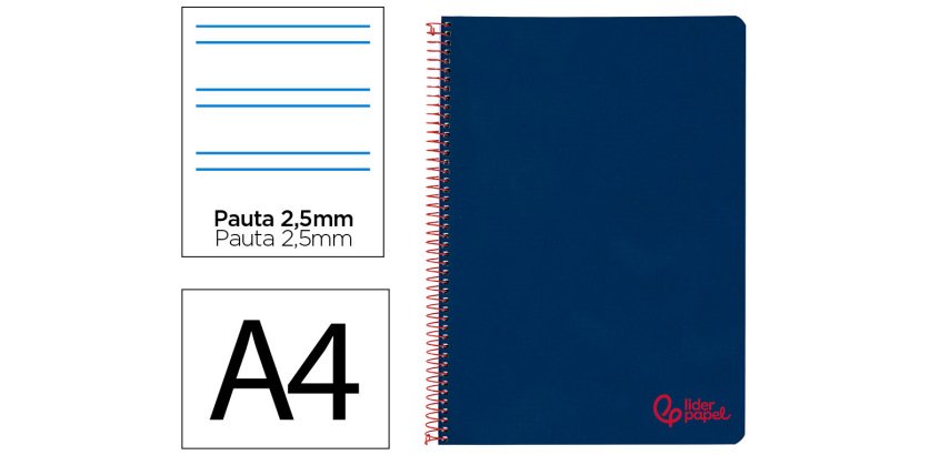 Cuaderno espiral liderpapel a4 wonder tapa plastico 80h 90gr pauta estrecha 2,5mm con margen color azul marino