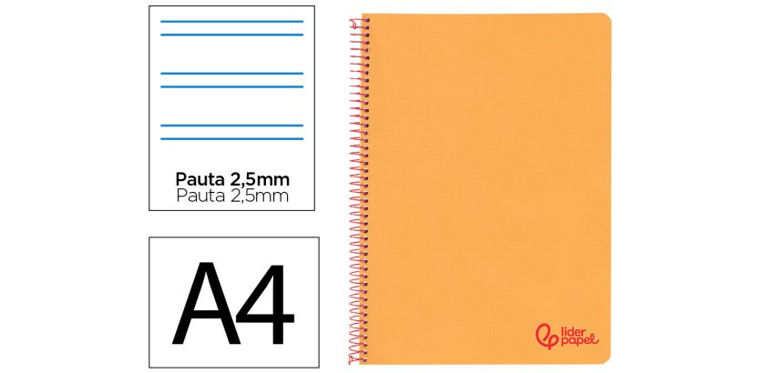 Cuaderno espiral liderpapel a4 wonder tapa plastico 80h 90gr pauta estrecha 2,5mm con margen color naranja