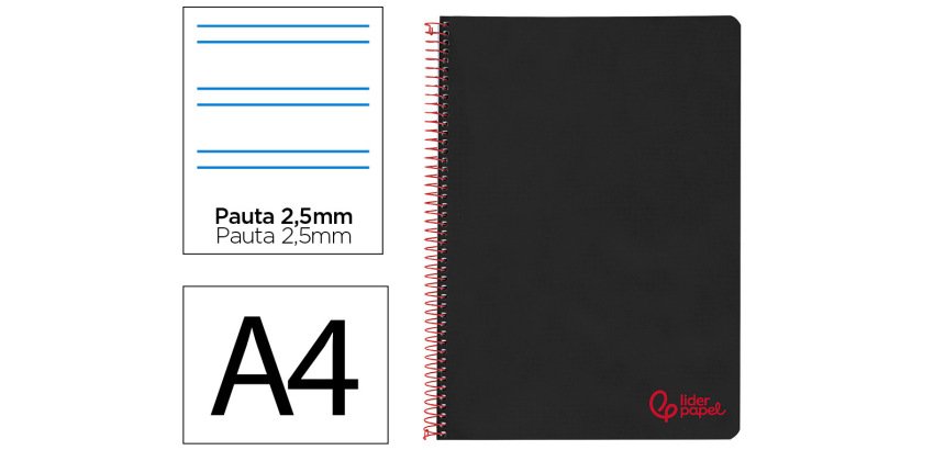 Cuaderno espiral liderpapel a4 wonder tapa plastico 80h 90gr pauta estrecha 2,5mm con margen color negro