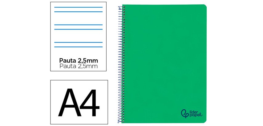 Cuaderno espiral liderpapel a4 wonder tapa plastico 80h 90gr pauta estrecha 2,5mm con margen color verde oscuro