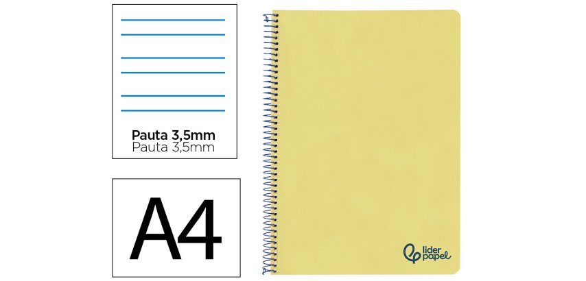 Cuaderno espiral liderpapel a4 wonder tapa plastico 80h 90gr pauta ancha 3,5mm con margen color amarillo