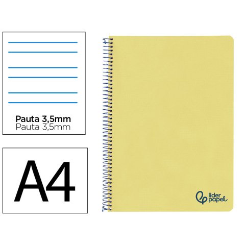 Cuaderno espiral liderpapel a4 wonder tapa plastico 80h 90gr pauta ancha 3,5mm con margen color amarillo