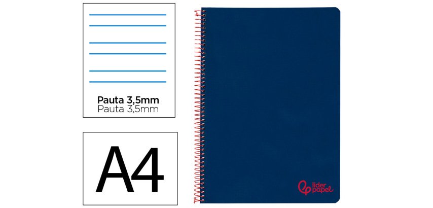 Cuaderno espiral liderpapel a4 wonder tapa plastico 80h 90gr pauta ancha 3,5mm con margen color azul marino