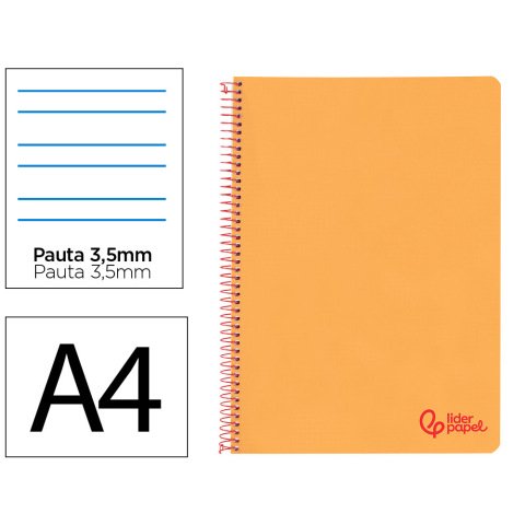 Cuaderno espiral liderpapel a4 wonder tapa plastico 80h 90gr pauta ancha 3,5mm con margen color naranja