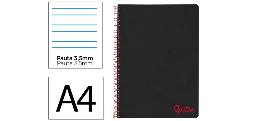 Cuaderno espiral liderpapel a4 wonder tapa plastico 80h 90gr pauta ancha 3,5mm con margen color negro