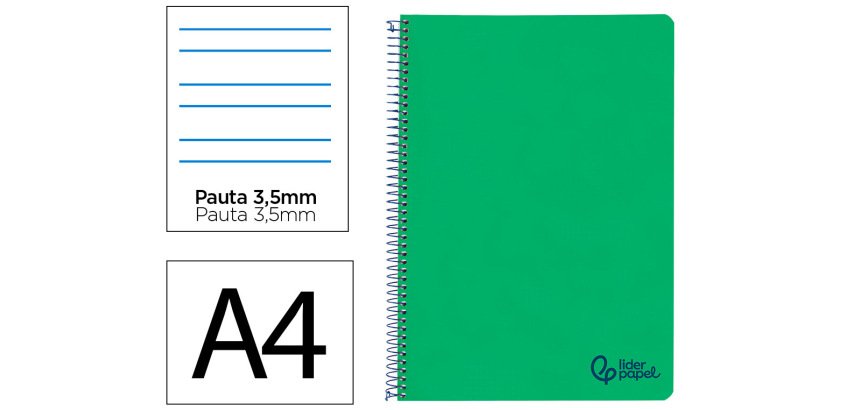 Cuaderno espiral liderpapel a4 wonder tapa plastico 80h 90gr pauta ancha 3,5mm con margen color verde oscuro