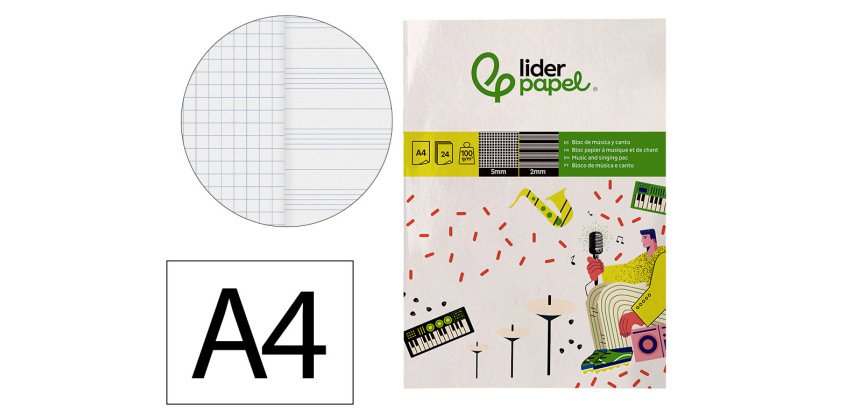 Bloc musica y canto liderpapel pentagrama interlineado 2 mm cuadricula 5mm din a4 24 hojas 100g/m2