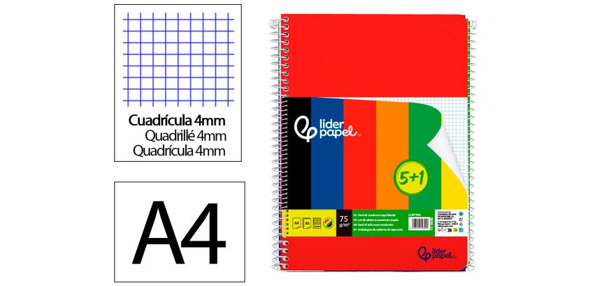 Cuaderno espiral liderpapel a4 smart tapa blanda 80h 75gr cuadro 4 mm con margen pack 5+1 colores surtidos