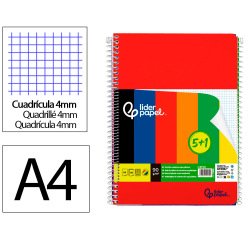 Cuaderno espiral liderpapel a4 wonder tapa plastica 80h 90gr cuadro 4mm con margen pack 5+1 colores surtidos