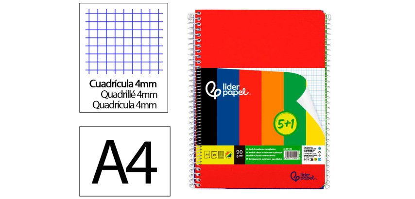 Cuaderno espiral liderpapel a4 wonder tapa plastica 80h 90gr cuadro 4mm con margen pack 5+1 colores surtidos