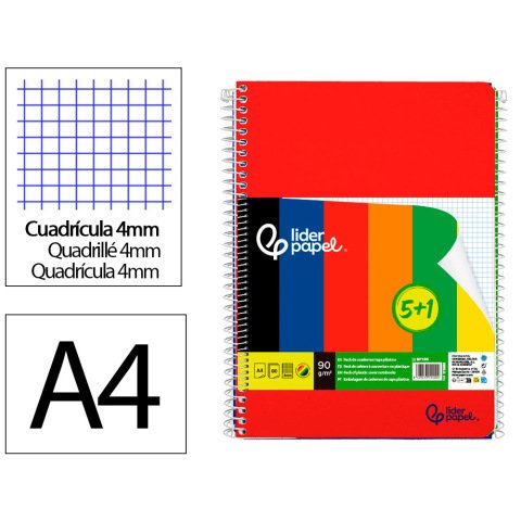 Cuaderno espiral liderpapel a4 wonder tapa plastica 80h 90gr cuadro 4mm con margen pack 5+1 colores surtidos