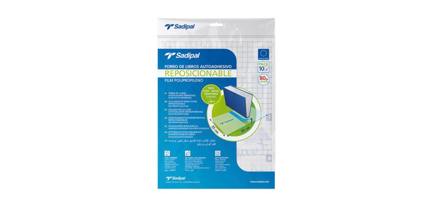 Forralibro adhesivo para libros sadipal reposicionable 80 mc 50x35 cm pack de 10 unidades