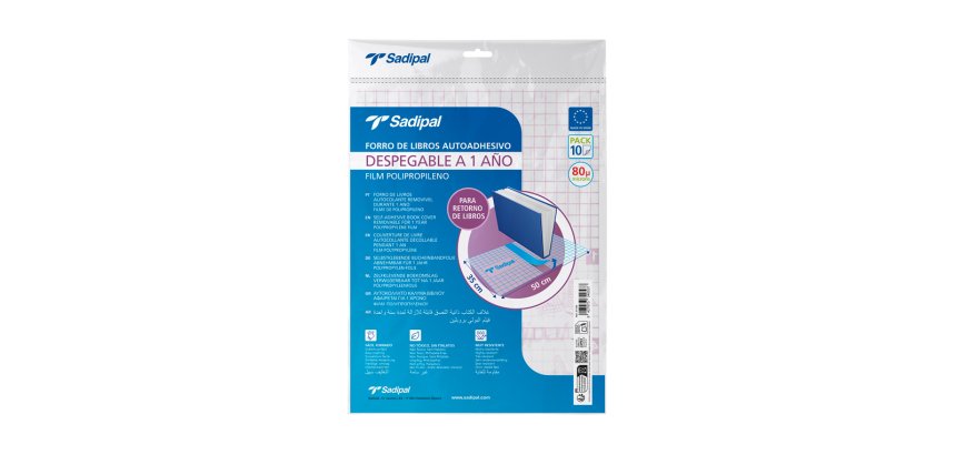 Forralibro adhesivo para libros sadipal desplegable 1 año 80 mc 50x35 cm pack de 10 unidades