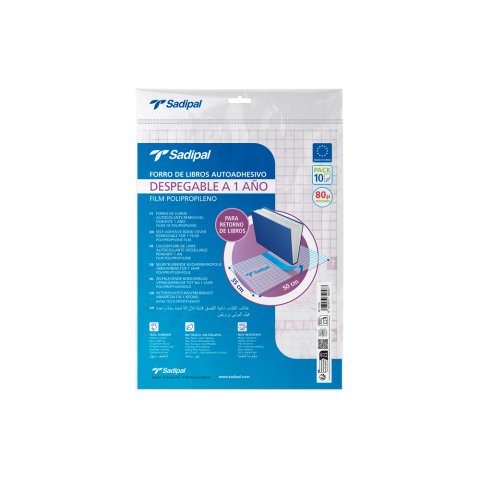 Forralibro adhesivo para libros sadipal desplegable 1 año 80 mc 50x35 cm pack de 10 unidades