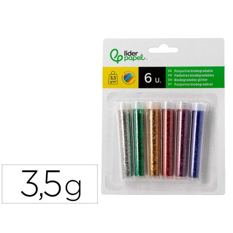 Purpurina liderpapel biodegradable fantasia bote 3,5 gr colores metalicos surtidos blister de 6 unidades